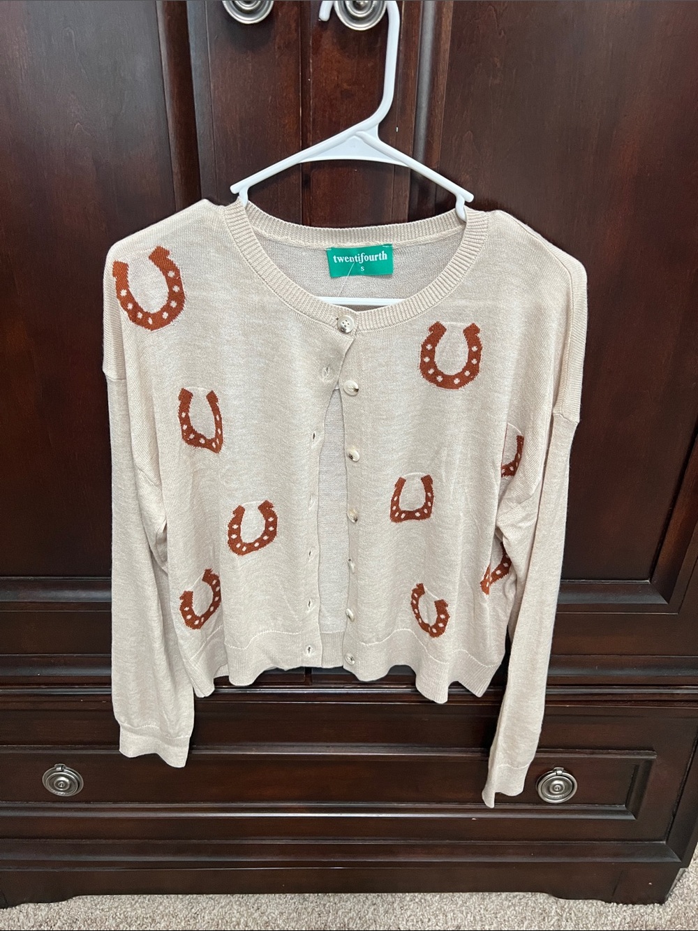 Beige Horseshoe Print Button-Front Cardigan